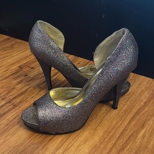 Women's Size 7 Purple Glitter Peep Toe Stilettos bp Bumper
